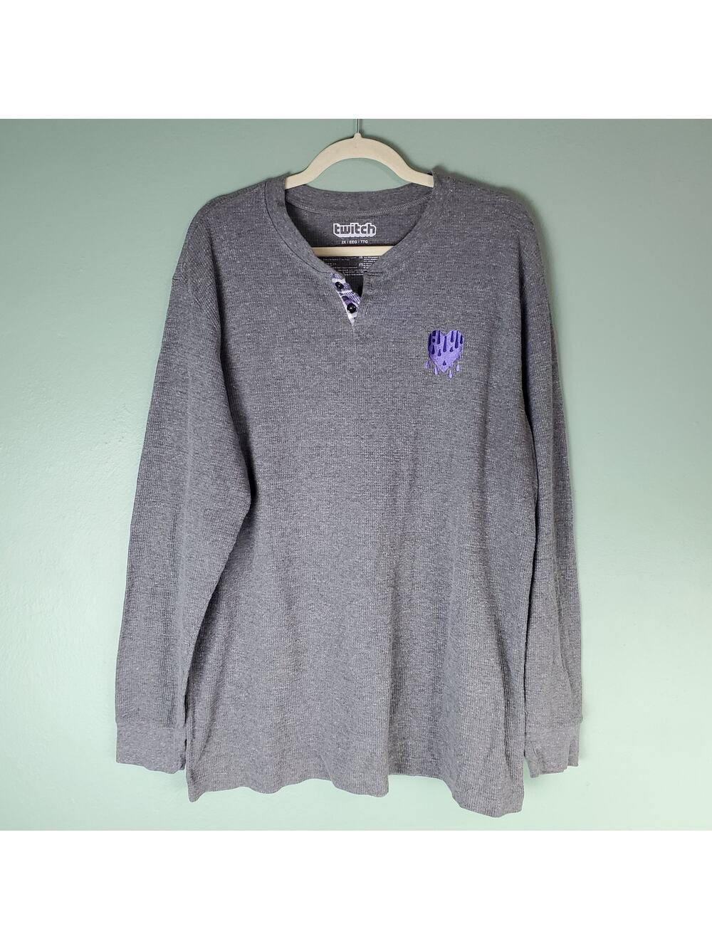 Twitch Men's Purple Embroidered Heart Thermal Henley Long Sleeve Top Gray 2X